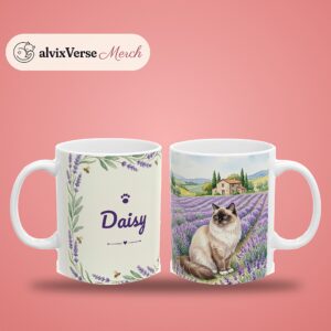 Custom Cat Mug with Your Cat's Name, Ragdoll Cat Lavender Field Personalized Coffee Cup, photo 2 of 5