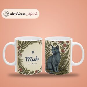 Custom Cat Mug with Your Cat's Name, Russian Blue Cat Vintage Botanical Personalized Coffee Cup, photo 2 of 5
