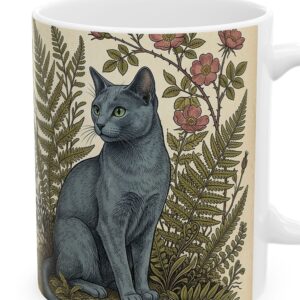 Custom Cat Mug with Your Cat's Name, Russian Blue Cat Vintage Botanical Personalized Coffee Cup, photo 3 of 5