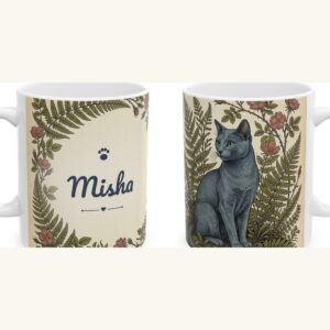 Custom Cat Mug with Your Cat's Name, Russian Blue Cat Vintage Botanical Personalized Coffee Cup, photo 5 of 5