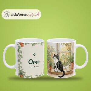 Custom Cat Mug with Your Cat's Name, Tuxedo Cat Windowsill Plants Personalized Coffee Cup, photo 2 of 5