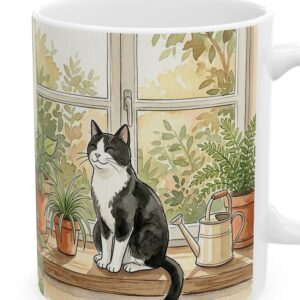 Custom Cat Mug with Your Cat's Name, Tuxedo Cat Windowsill Plants Personalized Coffee Cup, photo 3 of 5