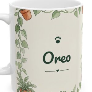 Custom Cat Mug with Your Cat's Name, Tuxedo Cat Windowsill Plants Personalized Coffee Cup, photo 4 of 5