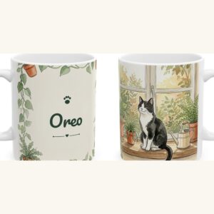Custom Cat Mug with Your Cat's Name, Tuxedo Cat Windowsill Plants Personalized Coffee Cup, photo 5 of 5