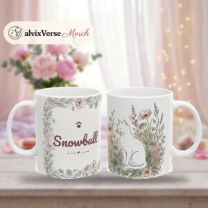 Custom Cat Mug with Your Cat's Name, White Cat Line Art Florals Personalized Coffee Cup, photo 2 of 5