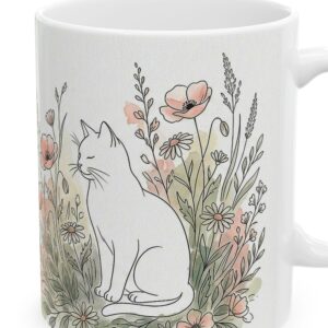 Custom Cat Mug with Your Cat's Name, White Cat Line Art Florals Personalized Coffee Cup, photo 3 of 5