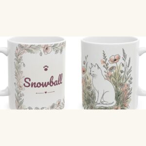 Custom Cat Mug with Your Cat's Name, White Cat Line Art Florals Personalized Coffee Cup, photo 5 of 5
