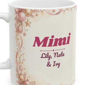 Mimi Mug Personalized with Grandkids Names, Pink Christmas Coffee Cup, photo 4 of 5