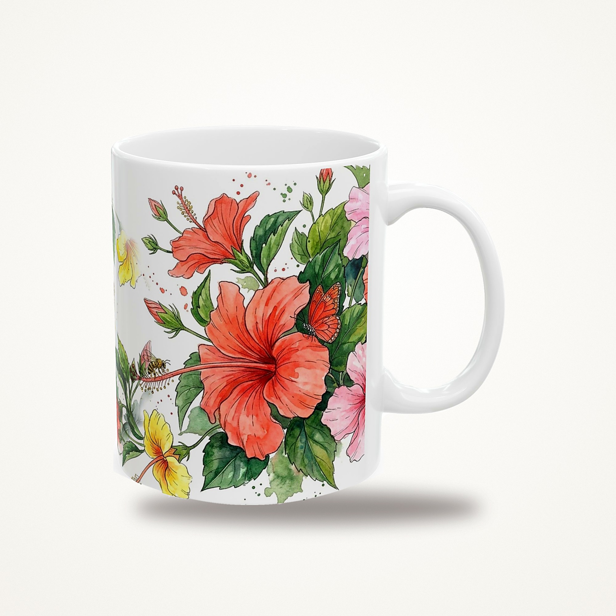 Hibiscus Mug, Watercolor Hibiscus Coffee Mug, Tropical Plant Lover Gift, Hidden Critter I Spy Mug