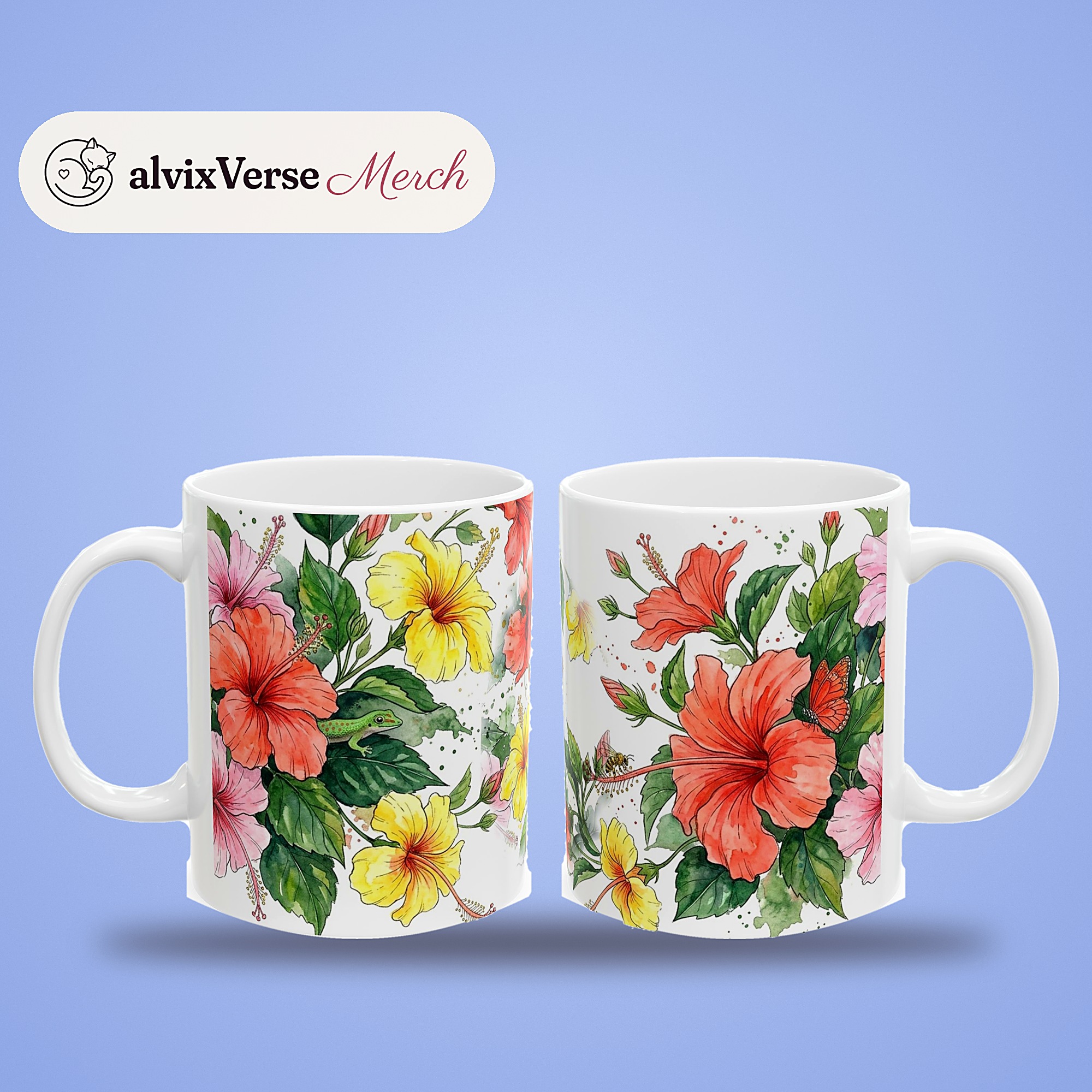 Hibiscus Mug, Watercolor Hibiscus Coffee Mug, Tropical Plant Lover Gift, Hidden Critter I Spy Mug - Image 2