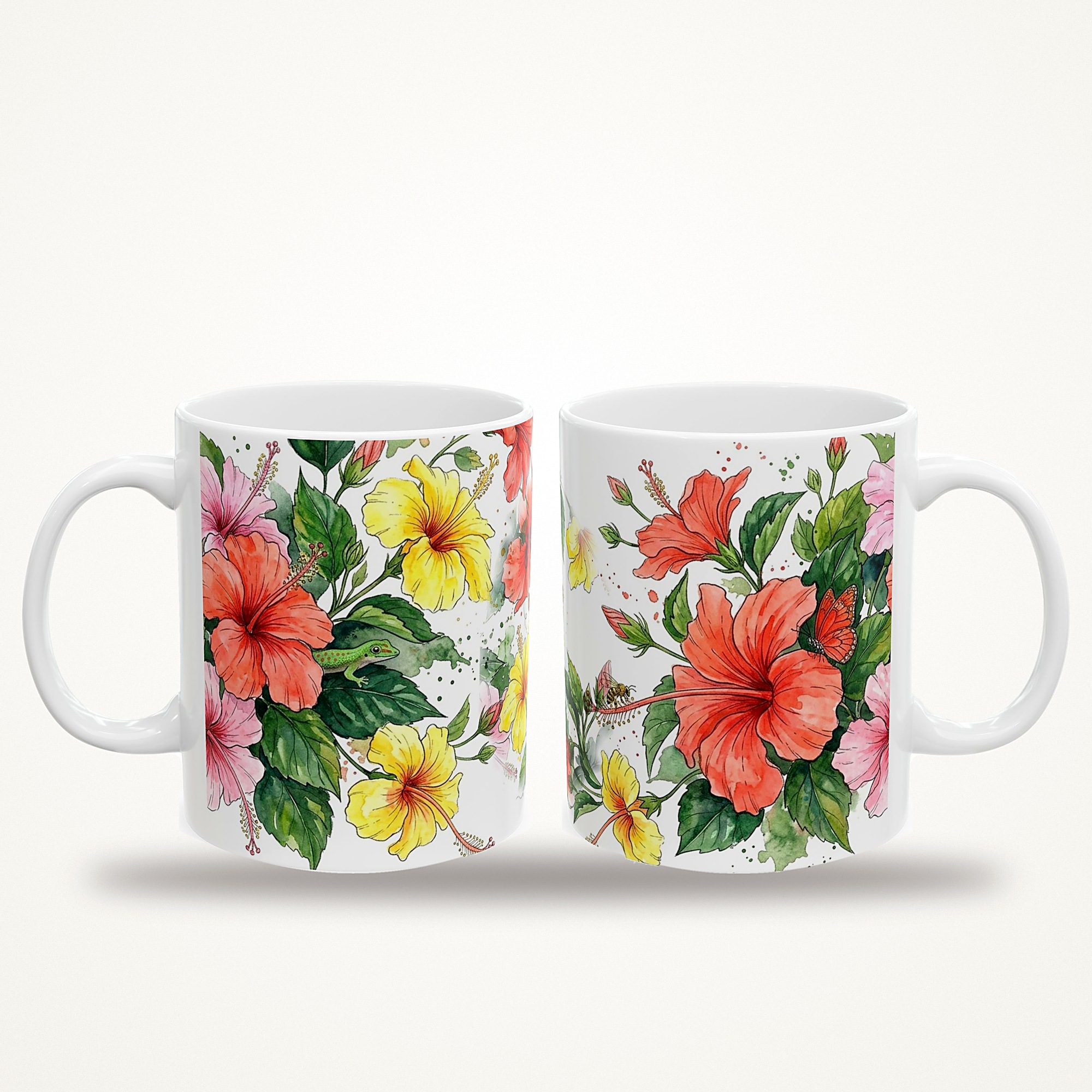 Hibiscus Mug, Watercolor Hibiscus Coffee Mug, Tropical Plant Lover Gift, Hidden Critter I Spy Mug - Image 3