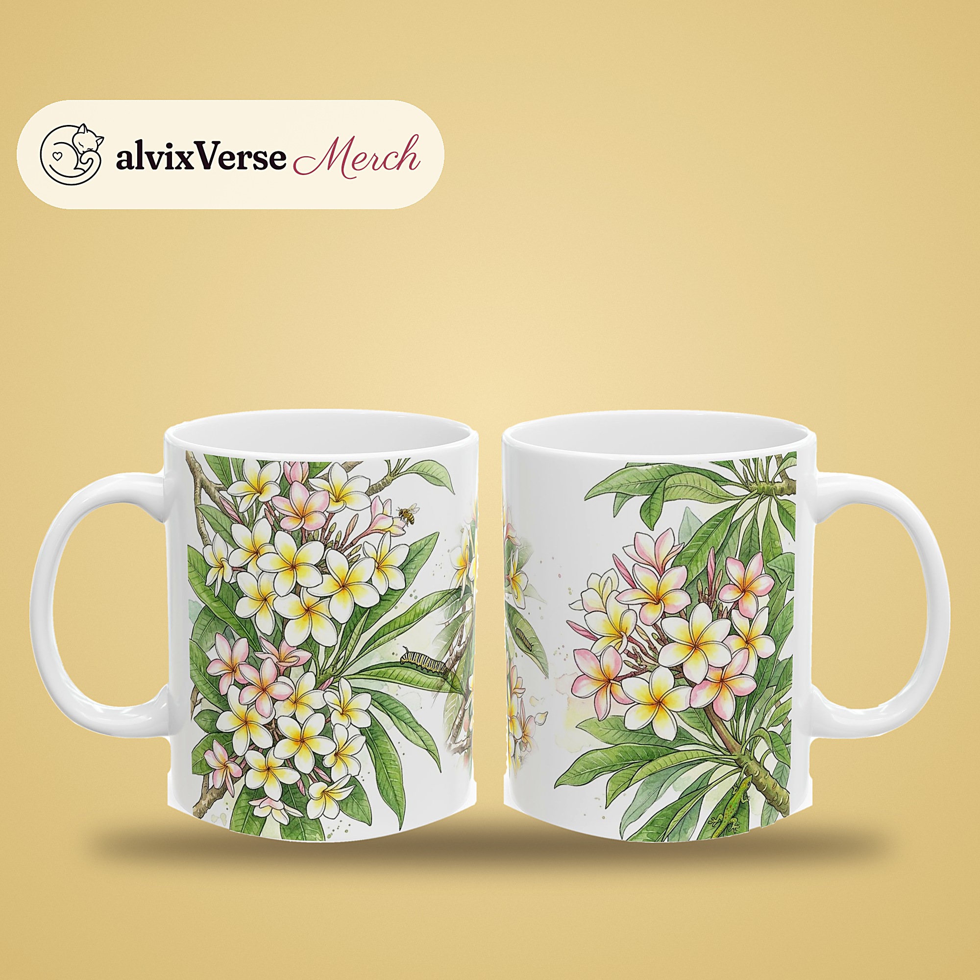 Plumeria Mug, Watercolor Plumeria Coffee Mug, Tropical Plant Lover Gift, Hidden Critter I Spy Mug - Image 2
