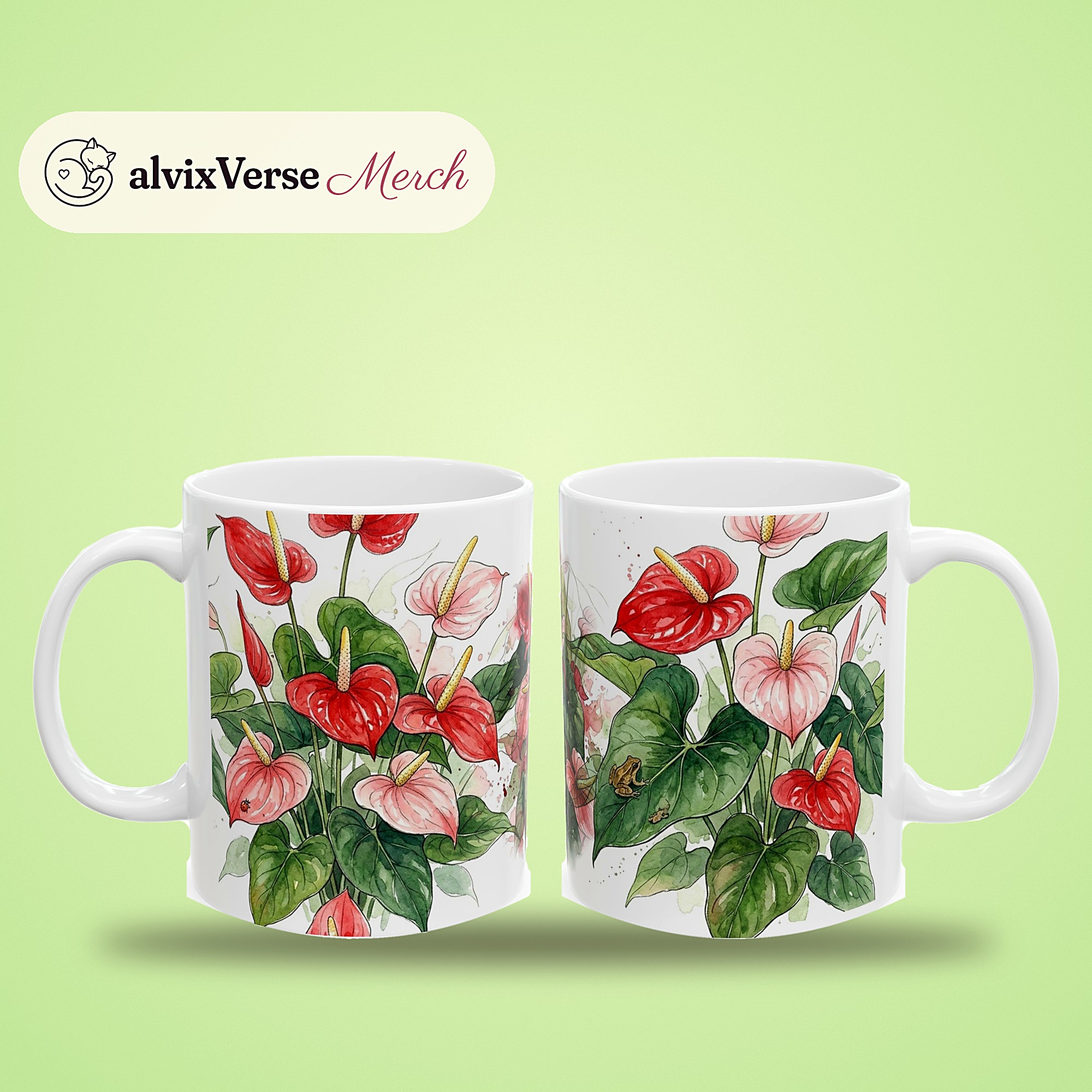 Anthurium Mug, Watercolor Anthurium Coffee Mug, Tropical Plant Lover Gift, Hidden Critter I Spy Mug - Image 2
