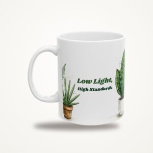 Low Light, High Standards Mug, Funny Snake Plant Coffee Mug, Watercolor Plant Lover Gift