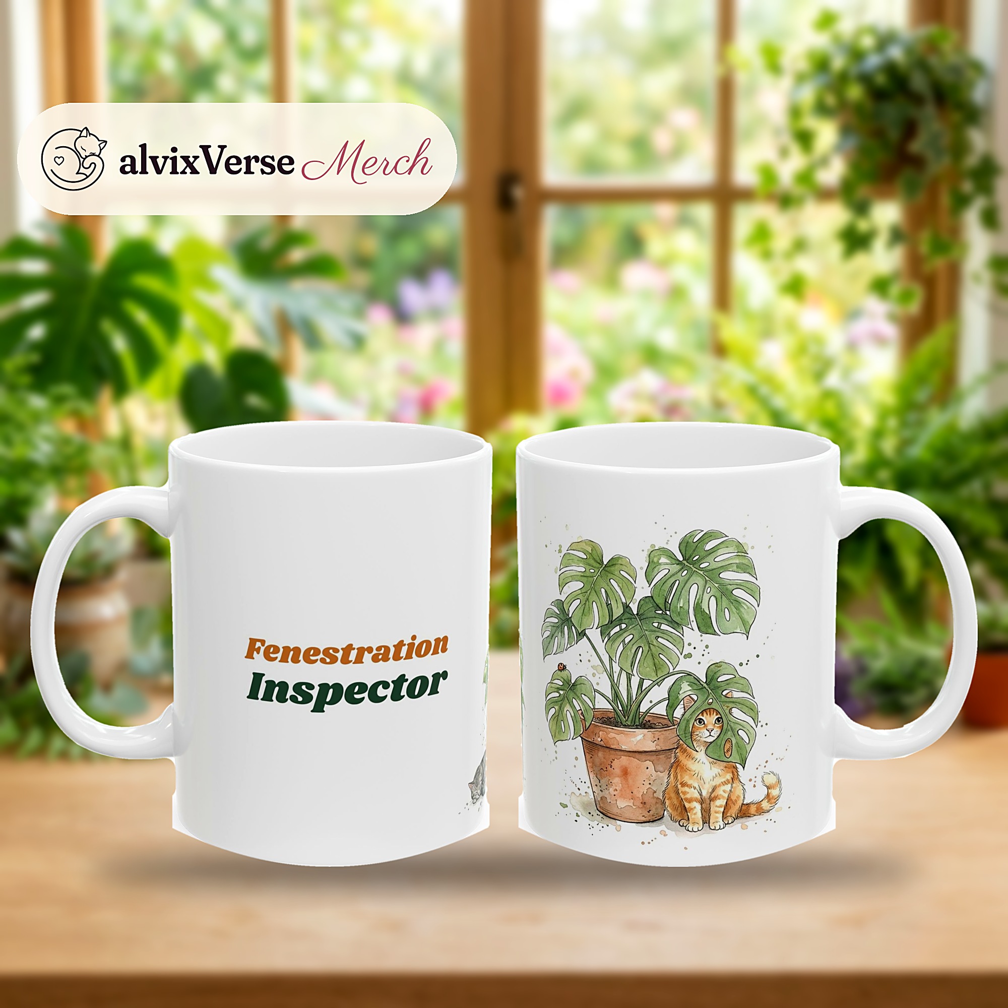 Fenestration Inspector Mug, Funny Monstera Cat Coffee Mug, Watercolor Cat and Plant Lover Gift - Image 2