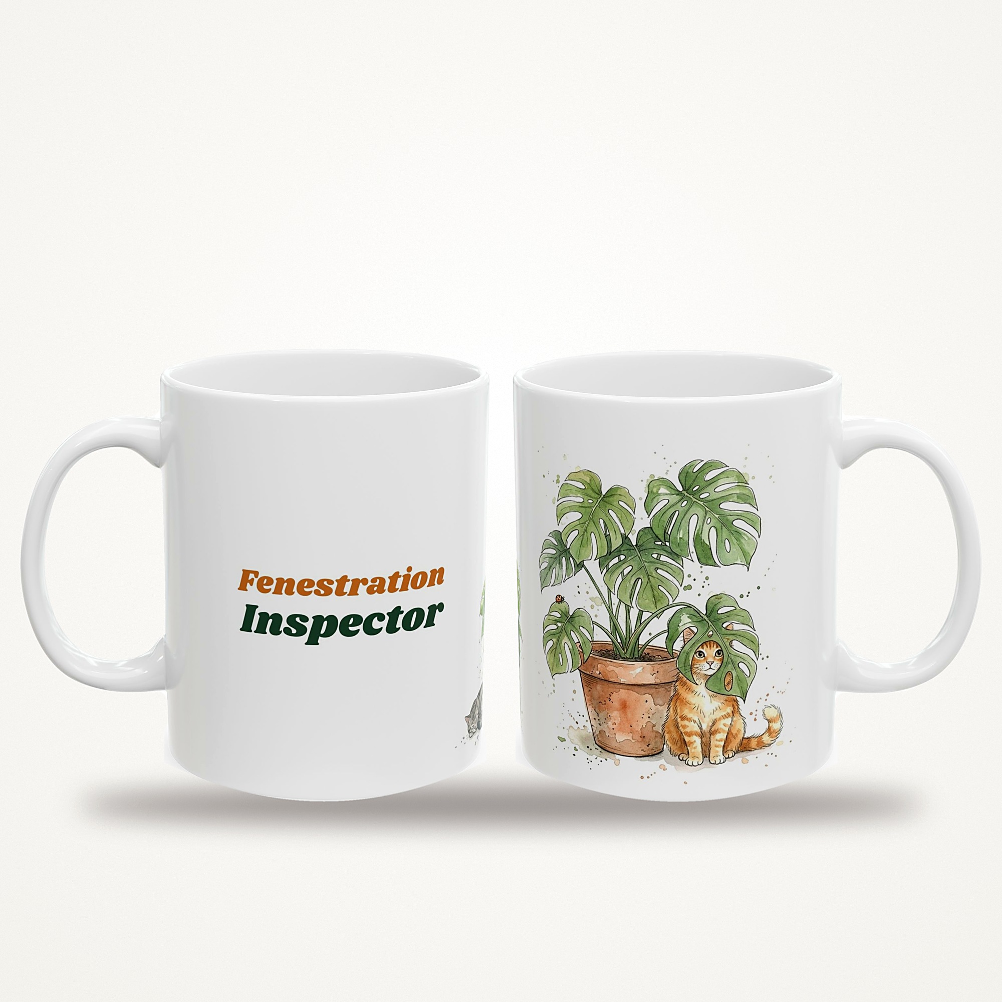 Fenestration Inspector Mug, Funny Monstera Cat Coffee Mug, Watercolor Cat and Plant Lover Gift - Image 3