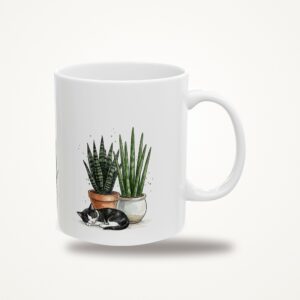 Black Cat Mug, Watercolor Snake Plant Cat Coffee Mug, Cat and Plant Lover Gift, Hidden Critter I Spy Mug