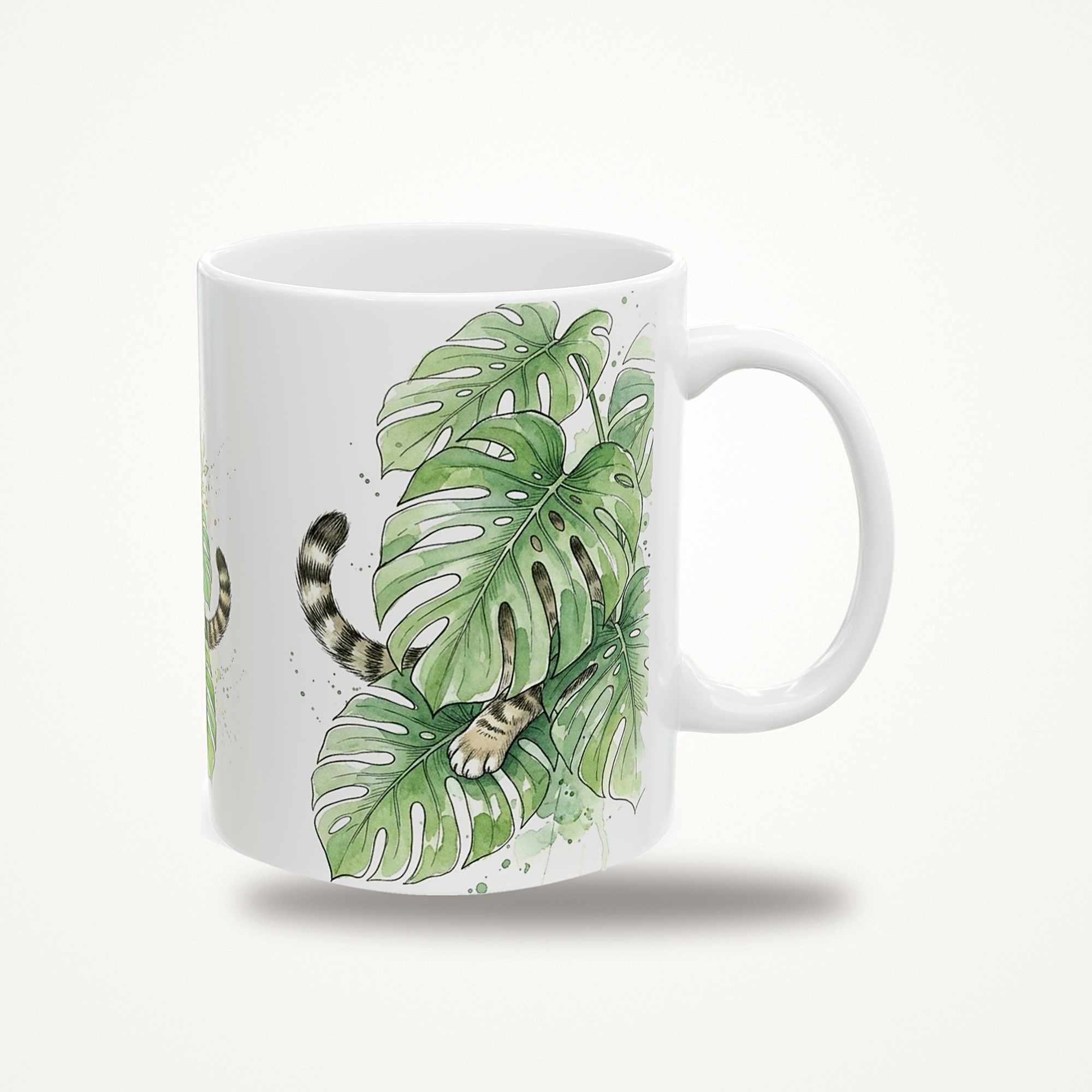 Cat Plant Mug, Watercolor Hidden Cat Monstera Coffee Mug, Cat and Plant Lover Gift, Hidden Critter I Spy Mug