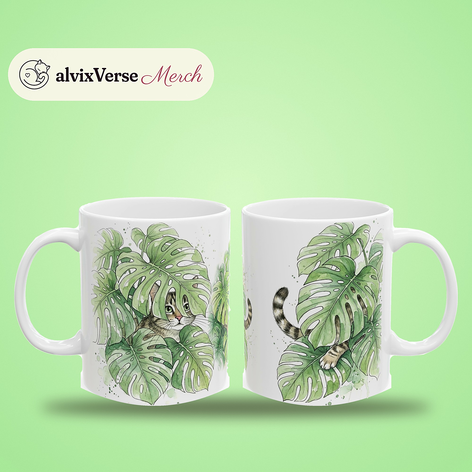 Cat Plant Mug, Watercolor Hidden Cat Monstera Coffee Mug, Cat and Plant Lover Gift, Hidden Critter I Spy Mug - Image 2