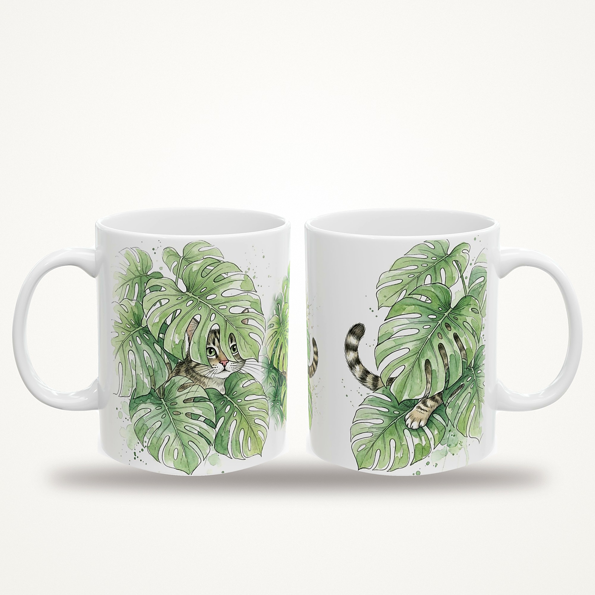 Cat Plant Mug, Watercolor Hidden Cat Monstera Coffee Mug, Cat and Plant Lover Gift, Hidden Critter I Spy Mug - Image 3