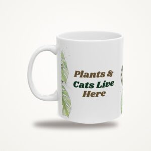 Plants & Cats Live Here Mug, Funny Hidden Cat Monstera Coffee Mug, Watercolor Cat and Plant Lover Gift