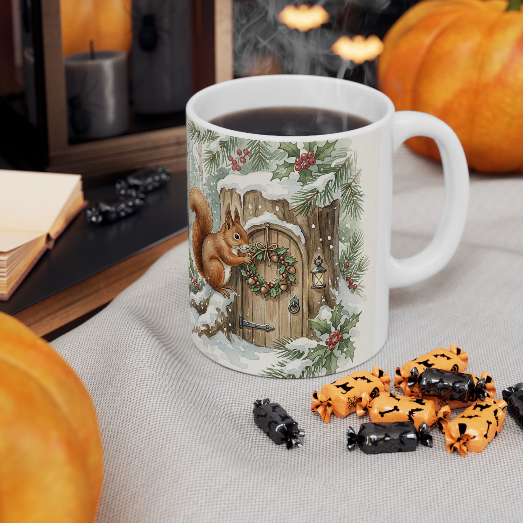 Squirrel Christmas Mug, Acorn Wreath Watercolor Winter Coffee Cup - Image 3