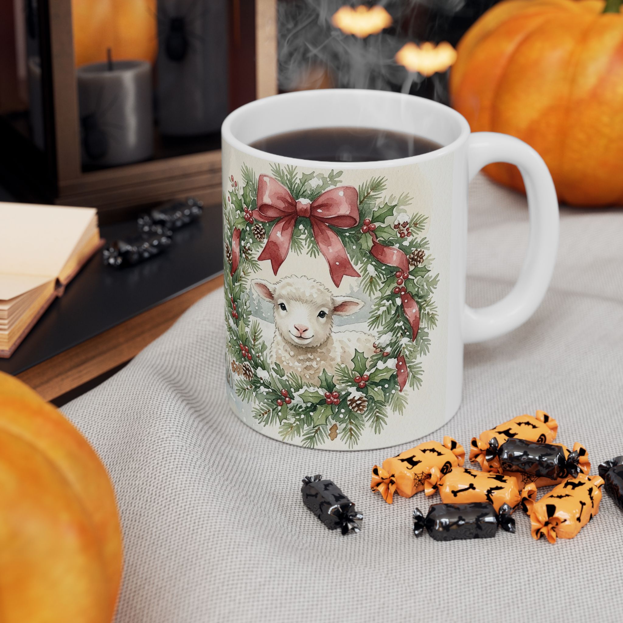 Lamb Christmas Mug, Wreath Watercolor Winter Coffee Cup - Image 3
