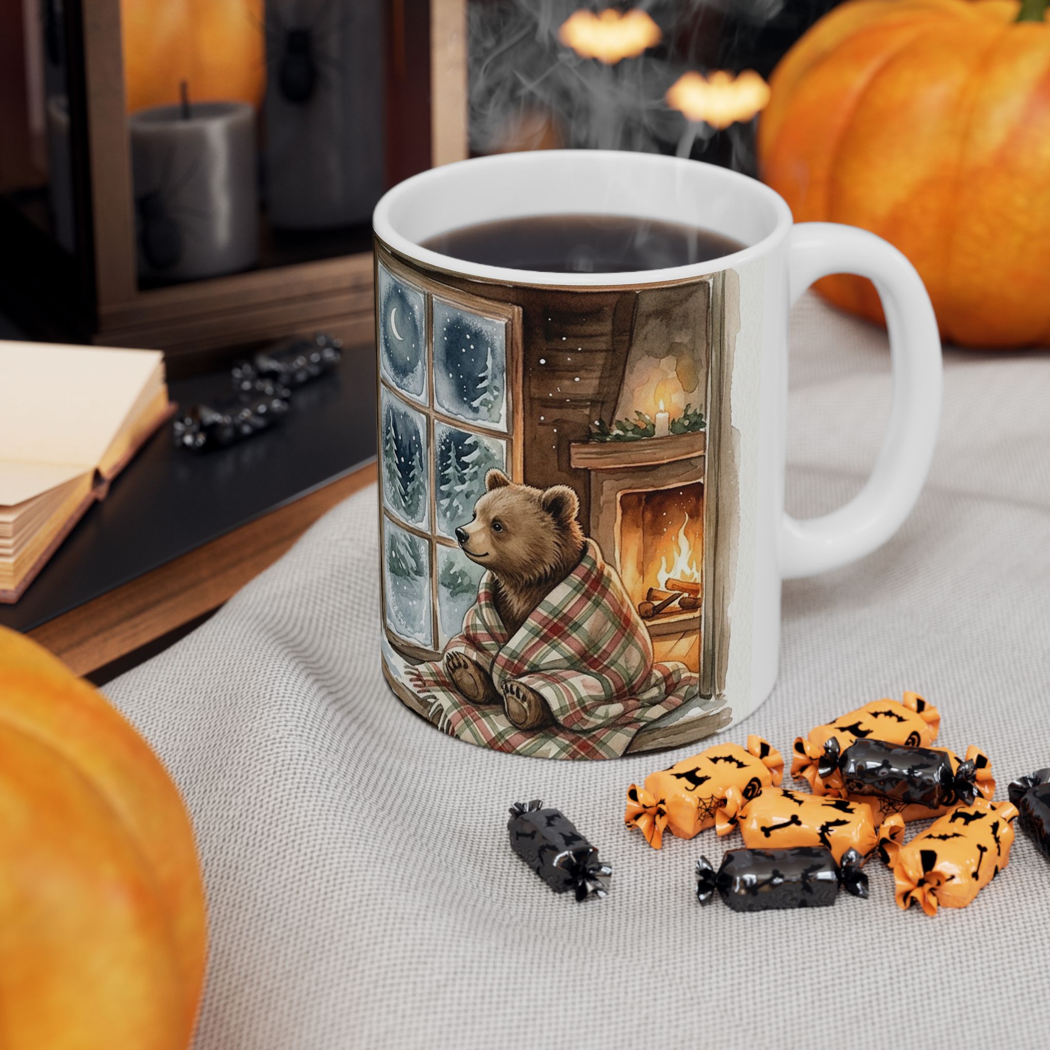 Bear Cub Christmas Mug, Cabin Window Watercolor Winter Coffee Cup - Image 3