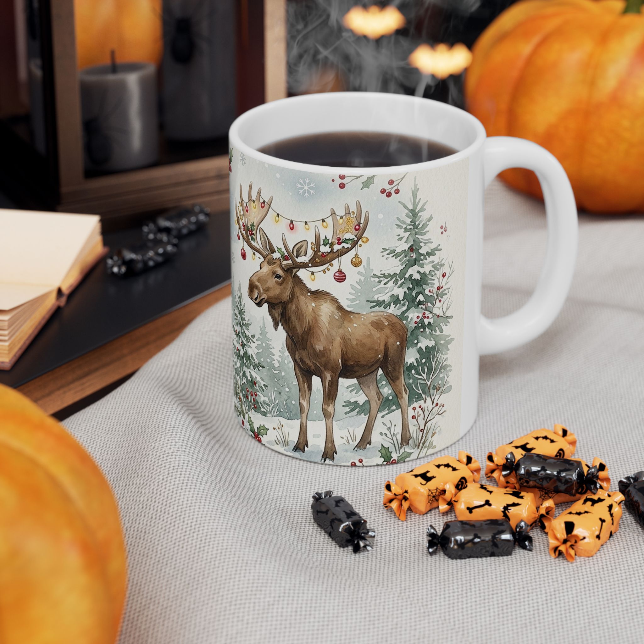 Moose Christmas Mug, Christmas Tree Watercolor Winter Coffee Cup - Image 3
