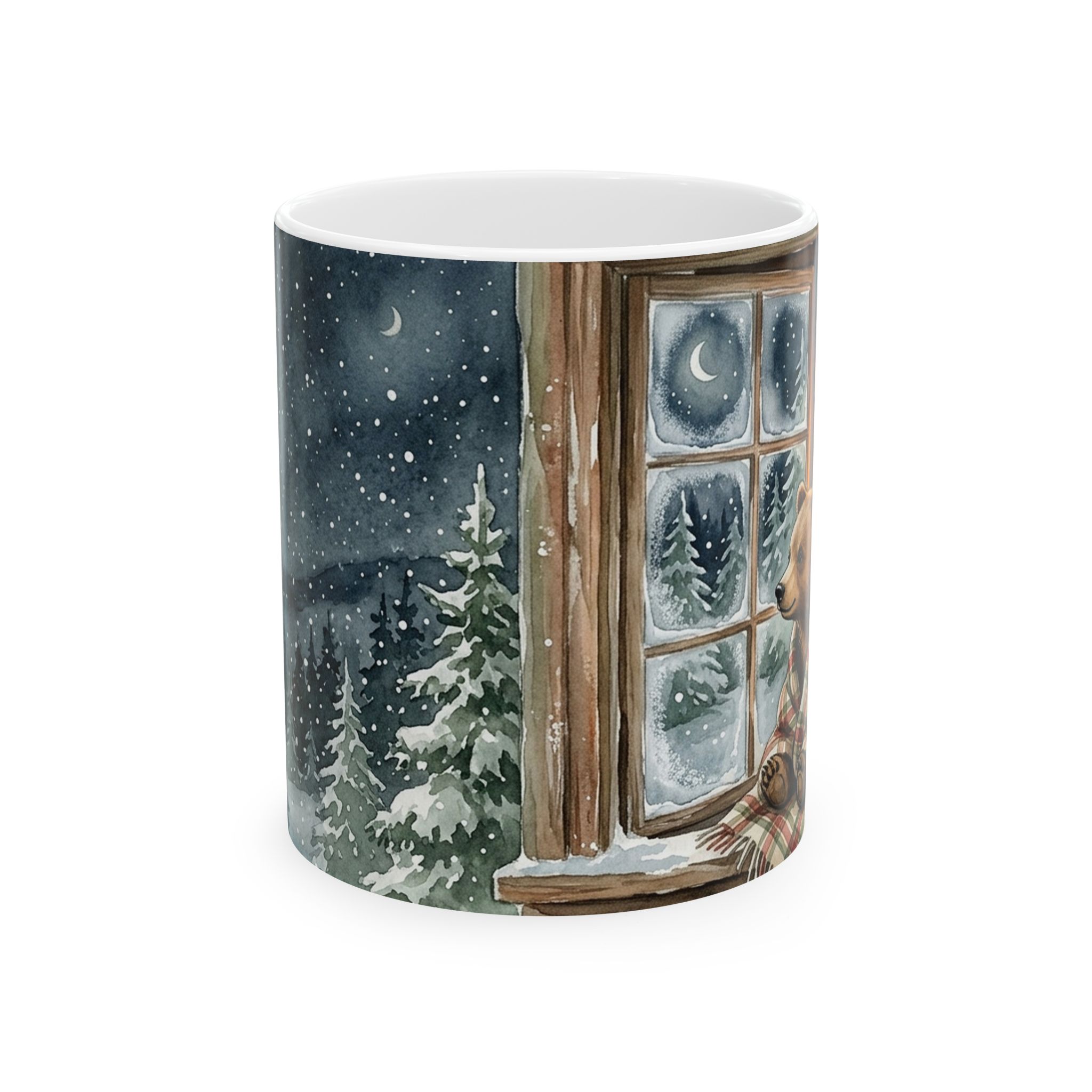 Bear Cub Christmas Mug, Cabin Window Watercolor Winter Coffee Cup - Image 2