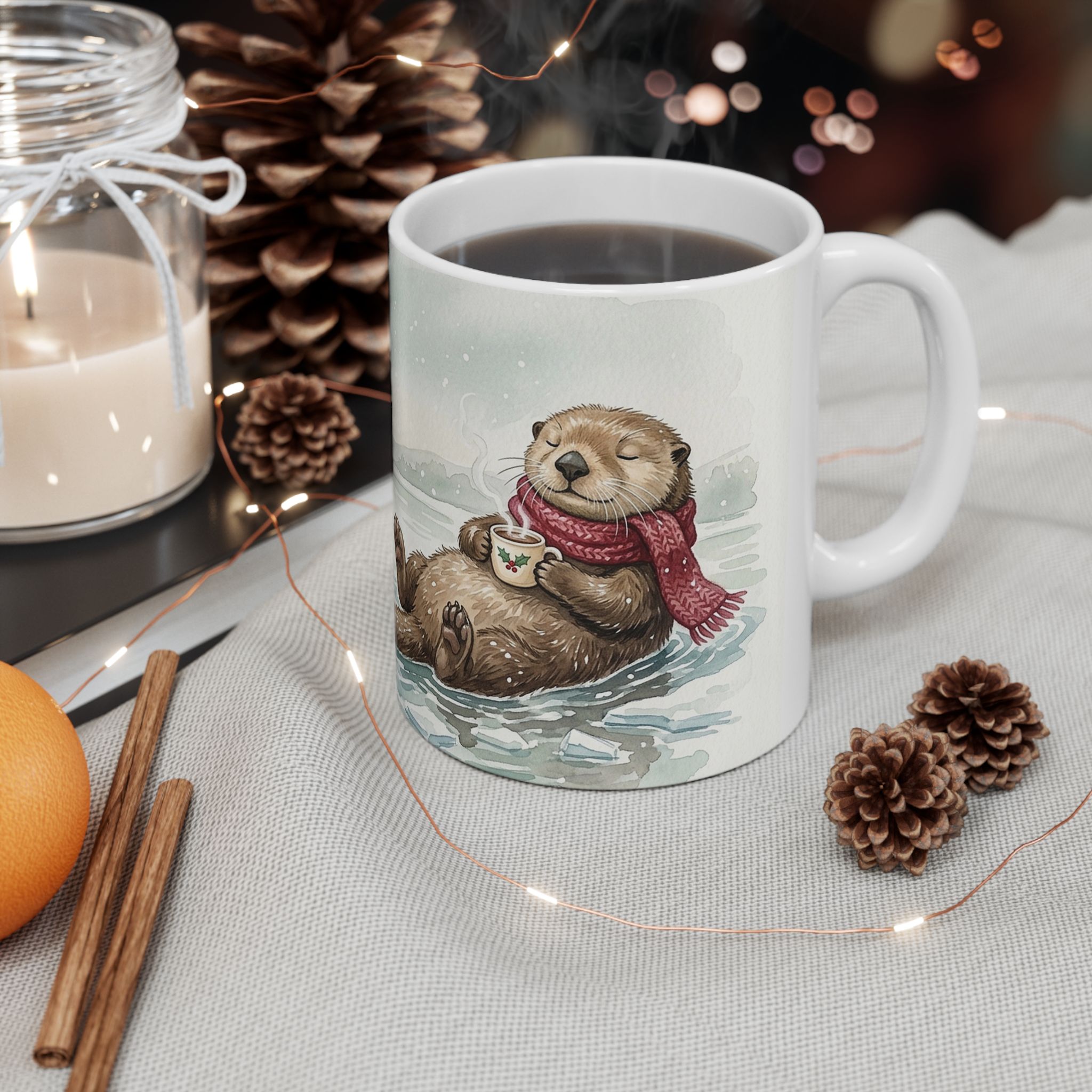 Otter Christmas Mug, Hot Cocoa Float Watercolor Winter Coffee Cup