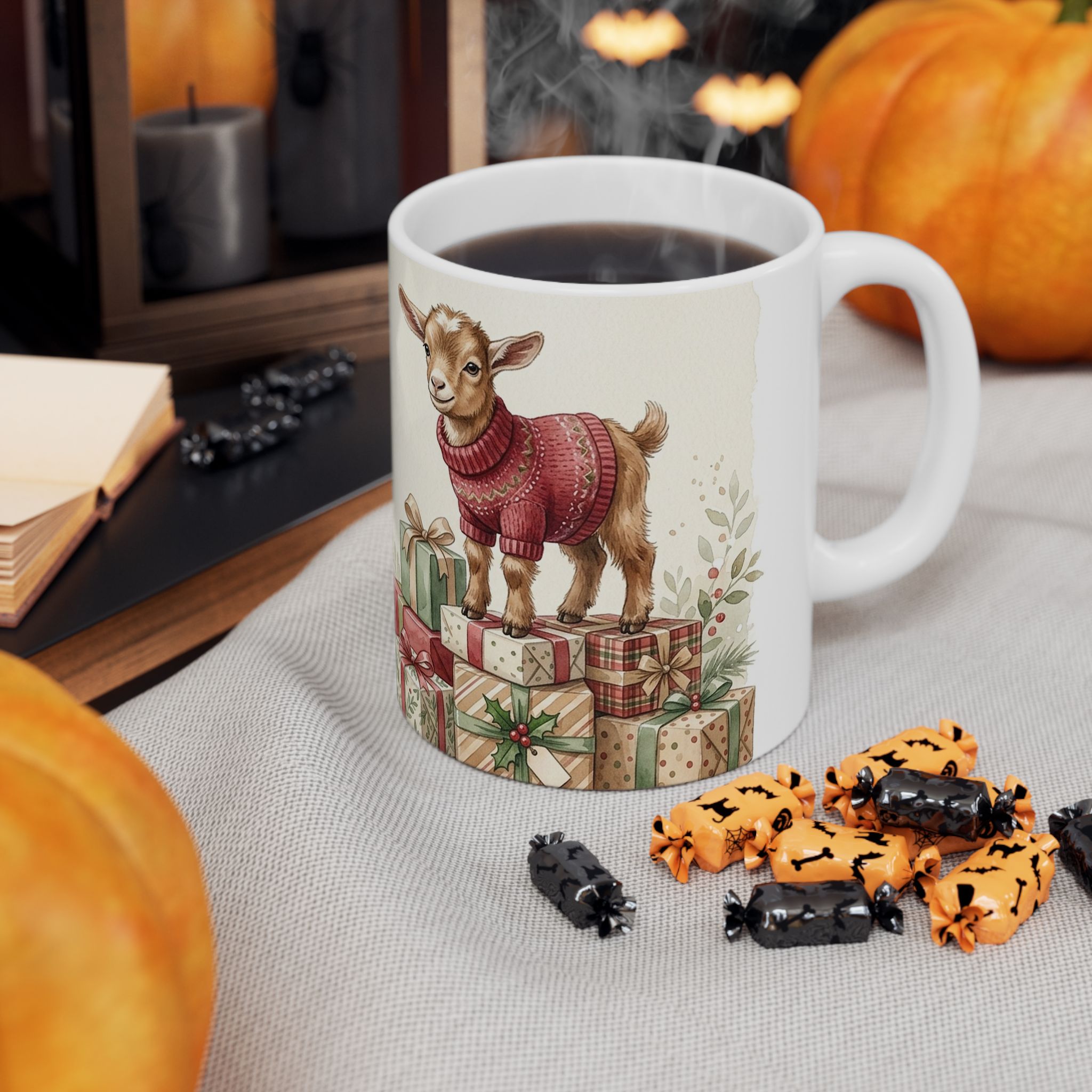 Baby Goat Christmas Mug, Gift Stack Watercolor Winter Coffee Cup - Image 3