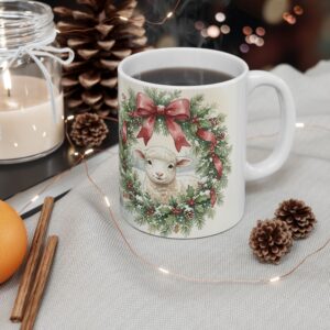 Lamb Christmas Mug, Wreath Watercolor Winter Coffee Cup