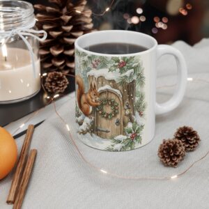 Squirrel Christmas Mug, Acorn Wreath Watercolor Winter Coffee Cup