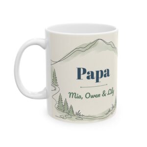 Papa Mug Personalized with Grandkids Names, Minimal Line Art Mountain Lake Coffee Cup