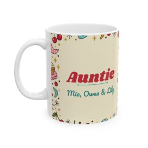 Auntie Mug Personalized with Nieces and Nephews Names, 1950s Retro Cherry Aunt Coffee Cup