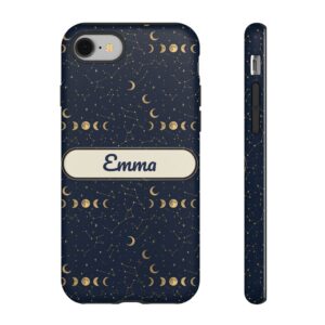Custom Name Moon Phase Phone Case, Navy Celestial Stars, Tough Cover for iPhone 18 Pro Max, 17, Galaxy S26