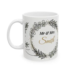 Wedding Mug Personalized Mr and Mrs Last Name, Minimal Line Art Just Married Coffee Cup