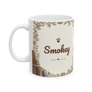 Custom Cat Mug with Your Cat's Name, Grey Tabby Cat Reading Nook Personalized Coffee Cup