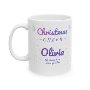 Personalized Christmas Mug with Name, Iridescent Holographic Ornaments, Christmas Cheer Custom Name Coffee Cup