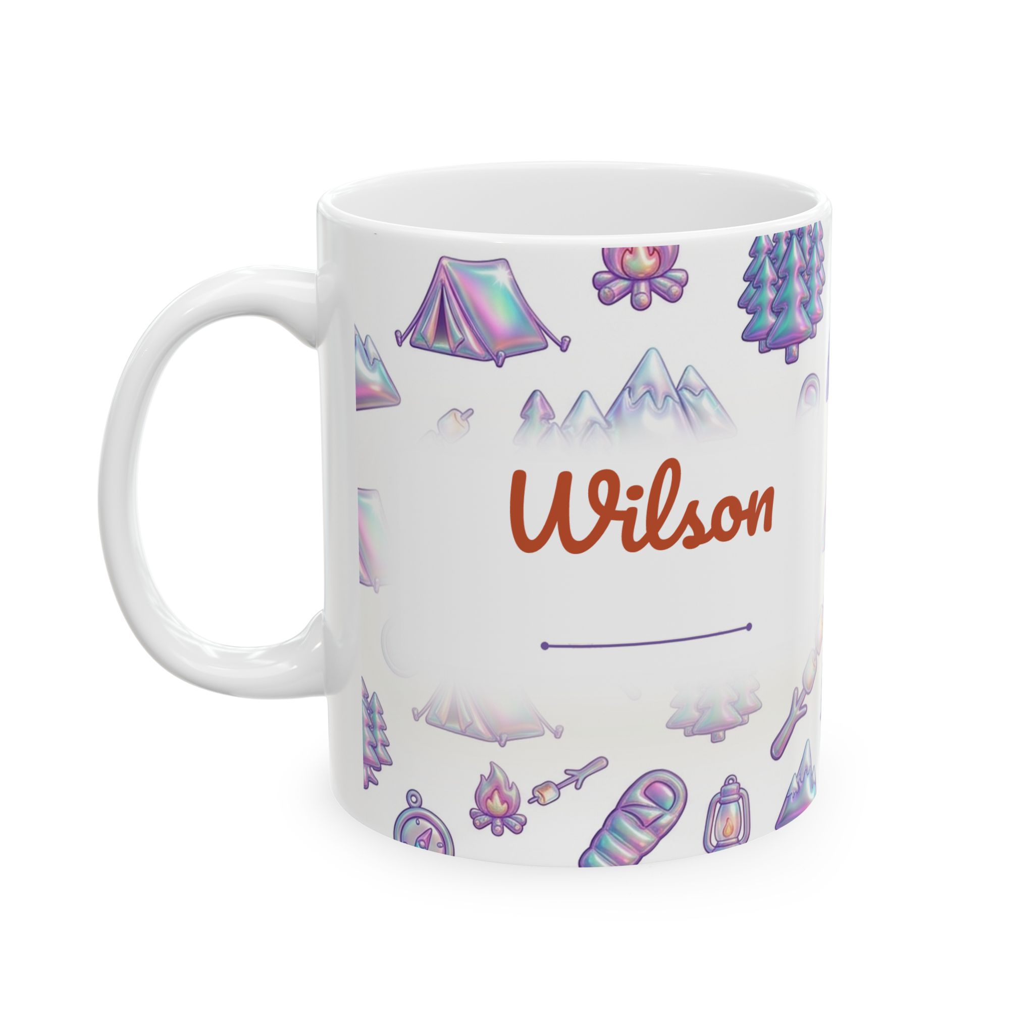 Camping Mug Personalized Name, 3D Iridescent Holographic Coffee Cup, Custom Camper