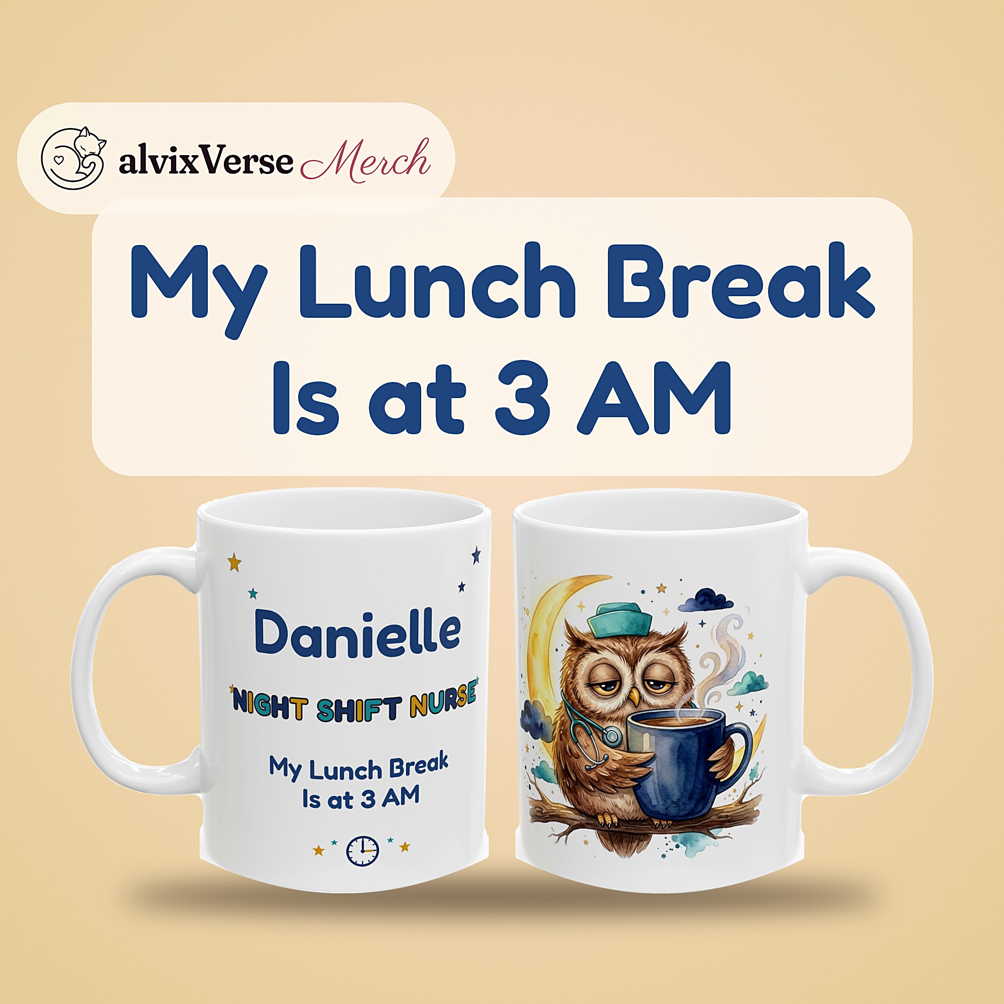 Night Shift Nurse Mug Personalized with Name, Funny My Lunch Break Is at 3 AM, Sleepy Owl Night Nurse Gift Coffee Cup - Image 2