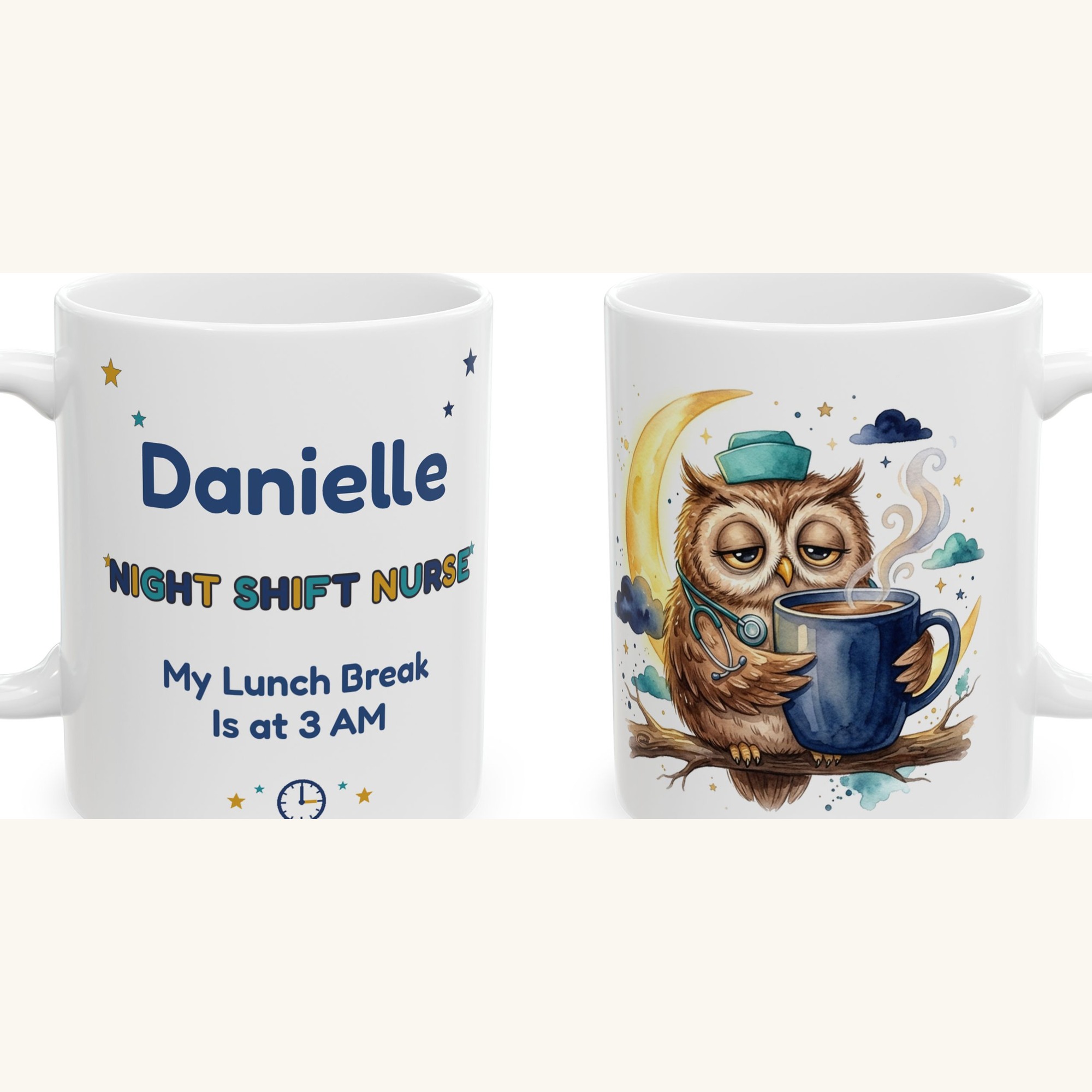Night Shift Nurse Mug Personalized with Name, Funny My Lunch Break Is at 3 AM, Sleepy Owl Night Nurse Gift Coffee Cup - Image 5