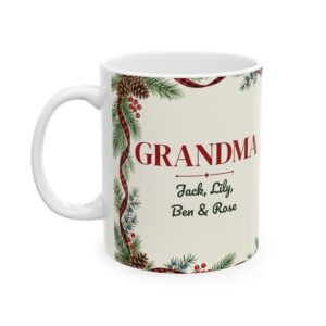 Grandma Mug Personalized with Grandkids Names, Buffalo Plaid Pine Christmas Coffee Cup
