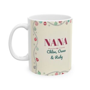 Nana Mug Personalized with Grandkids Names, Vintage Ornaments Christmas Coffee Cup