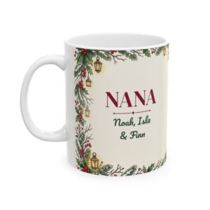 Nana Mug Personalized with Grandkids Names, Snowy Cottage Christmas Coffee Cup