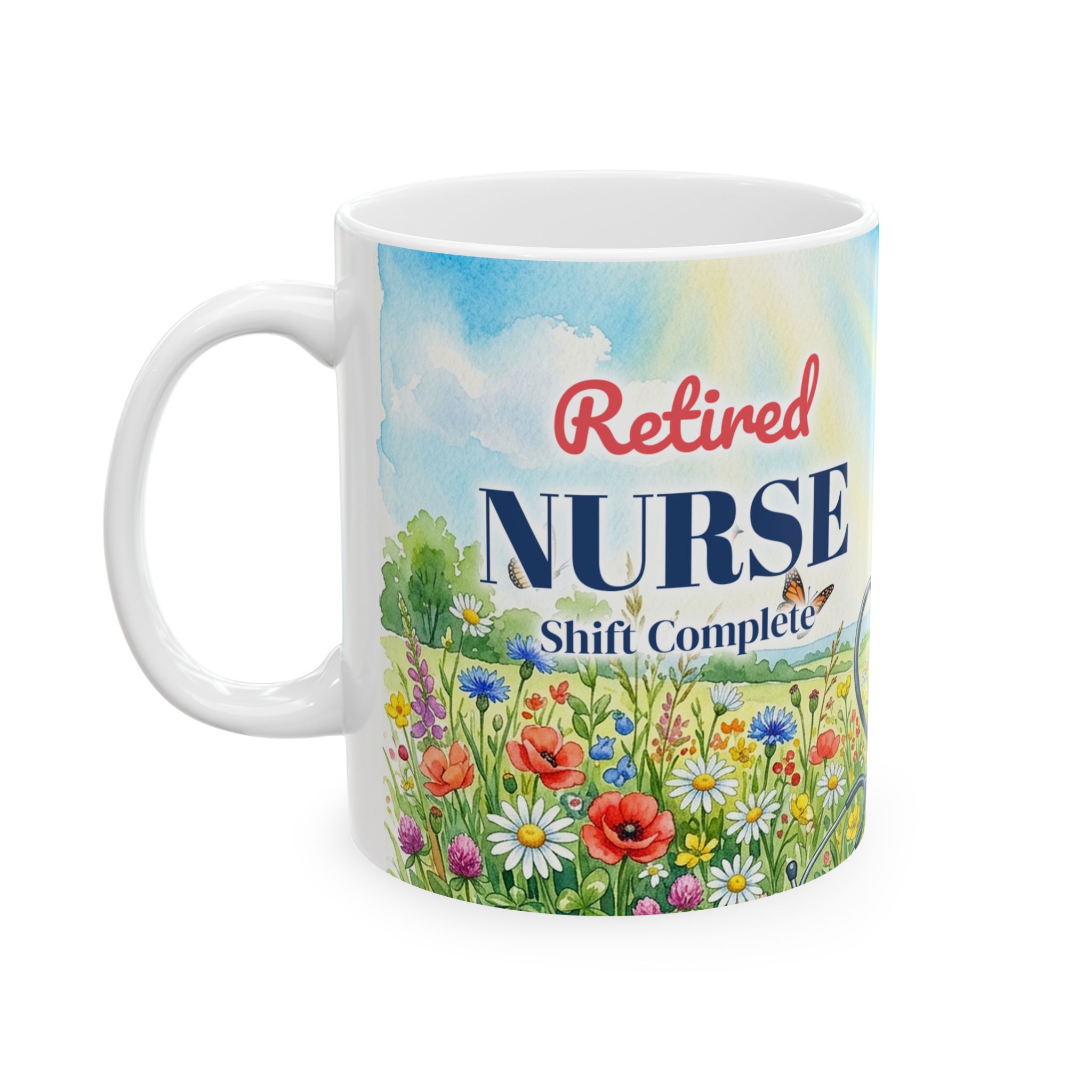 Retired Nurse Mug, Personalized Nurse Retirement Gift, Watercolor Wildflower Stethoscope Heart
