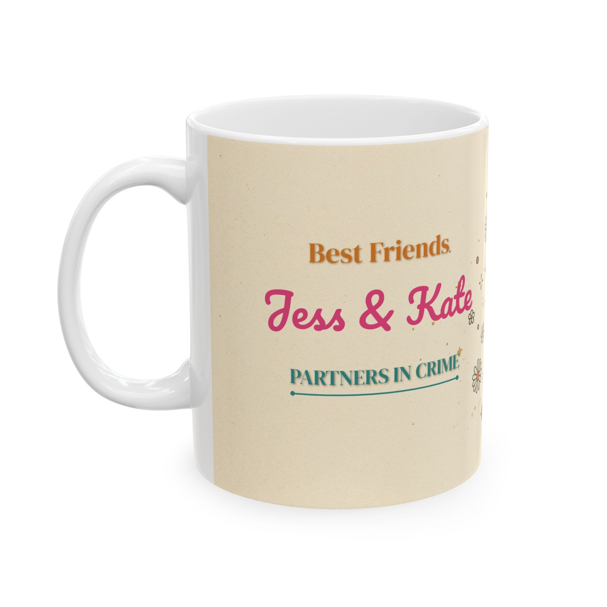 Best Friend Mug Personalized Names, Vintage Retro 70s Partners in Crime Friendship Coffee Cup