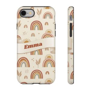 Custom Name Boho Rainbow Phone Case, Neutral Earth Tones, Tough Cover for iPhone 18 Pro Max, 17, Galaxy S26