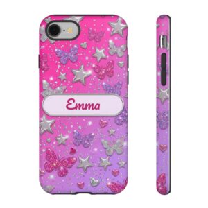 Custom Name Y2K Butterfly Phone Case, Silver Star Glitter, Tough Cover for iPhone 18 Pro Max, 17, Galaxy S26